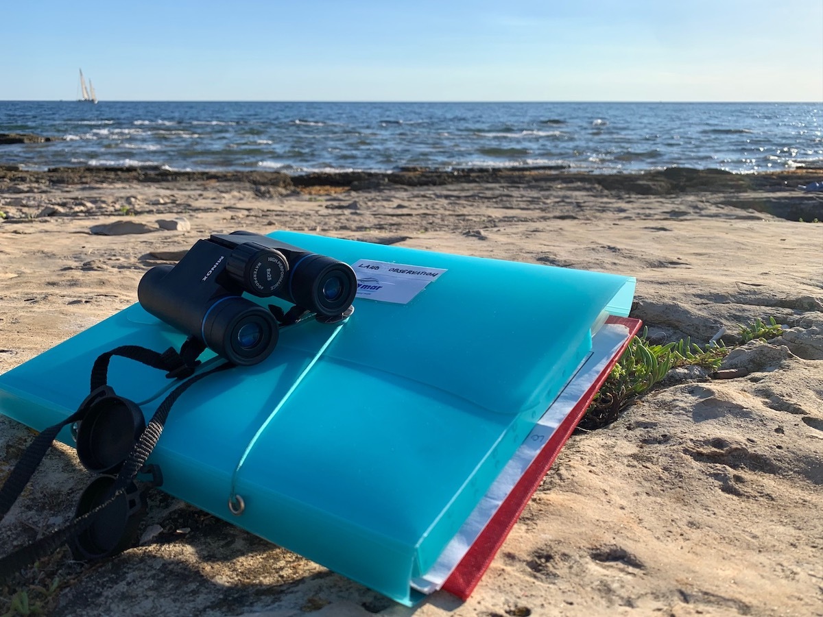 Fernglas und blaue Mappe mit Dokumention am Strand